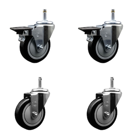 Service Caster 4'' Black Poly Wheel Swivel 7/16'' Grip Ring Stem Caster Set 2 Brakes, 4PK SCC-GR20S414-PPUB-BLK-PLB-716138-2S2